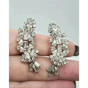 Earrings Rhinestone Climber Big Layered Leaf 3rd Eye Flower Vintage Statement